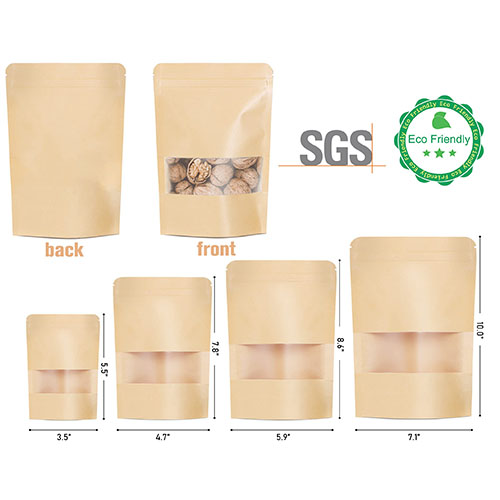 Kraft Paper Bag with Resealable Lock Seal Zipper and Stand Up Design Transparent Window