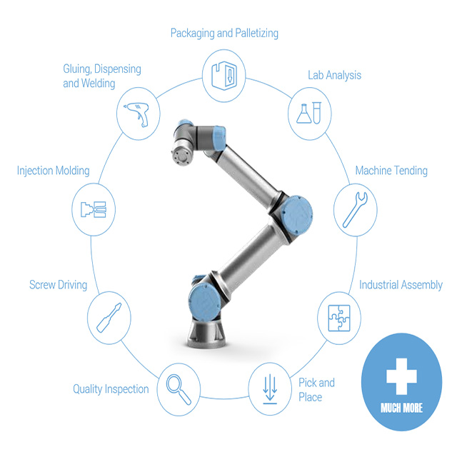 UR 3e collaborative table-top robot used to picking, assembling, and placing parts generally industrial robots arm