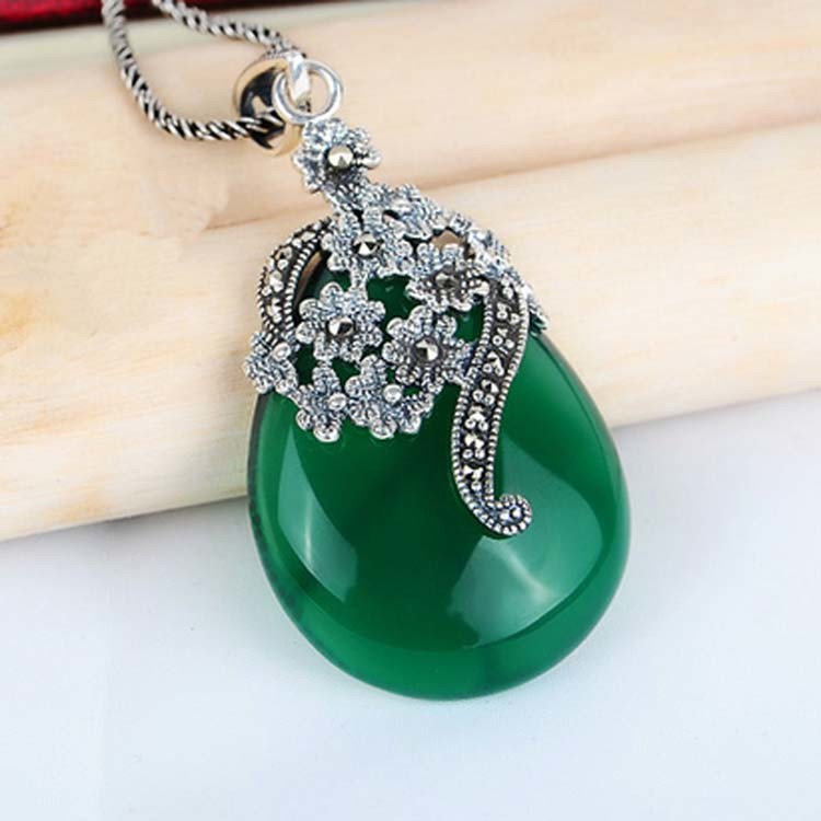 Thai 925 Silver Pendant Necklace Green Agate and Marcasite(JX467GREEN)