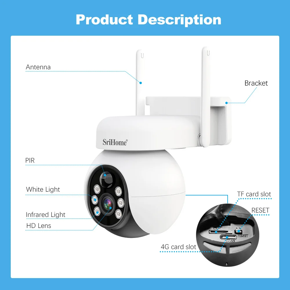 4G IP65 Low Power Outdoor Battery Camera With Sim Card PTZ 2-Way With PIR Human Detection Night Vision Solar Camera