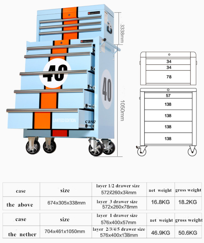 72 Inch Heavy Duty Tool Cabinet Trolley With Drawer And Wooden Top ODM