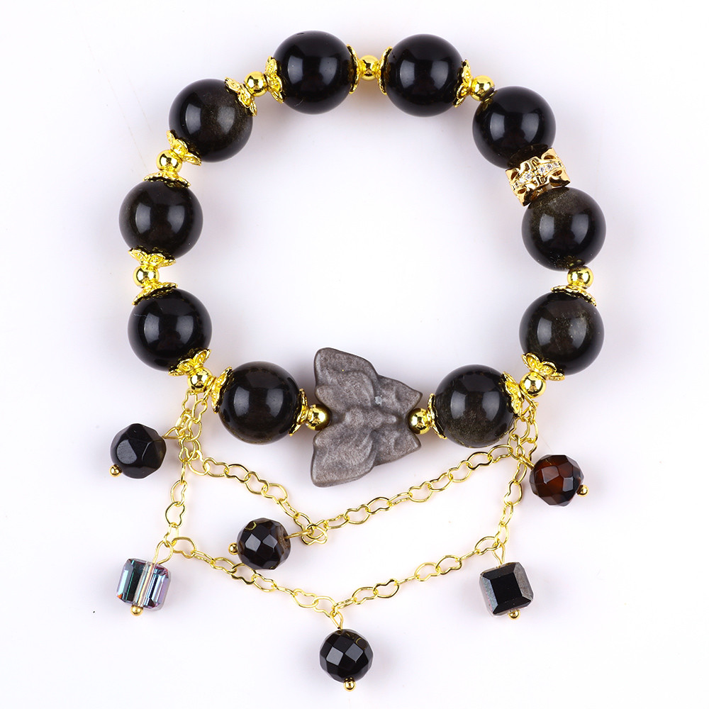 Semi-Precious Stone Golden Obsidian With Silver Obsidian Butterfly Round Shape Bead Bracelet