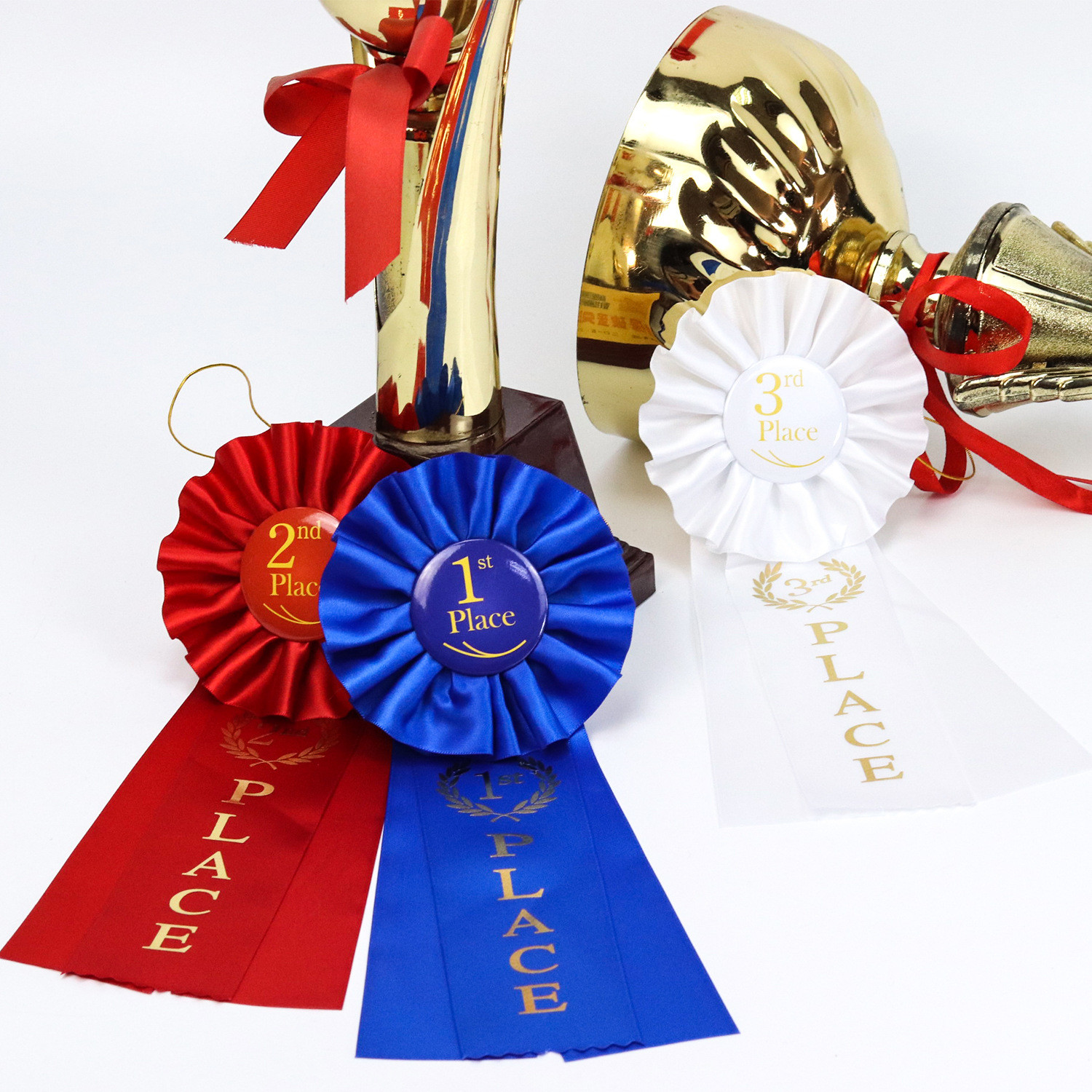 White Blue Pre Made Satin Bows Medal Satin Bows For Crafts