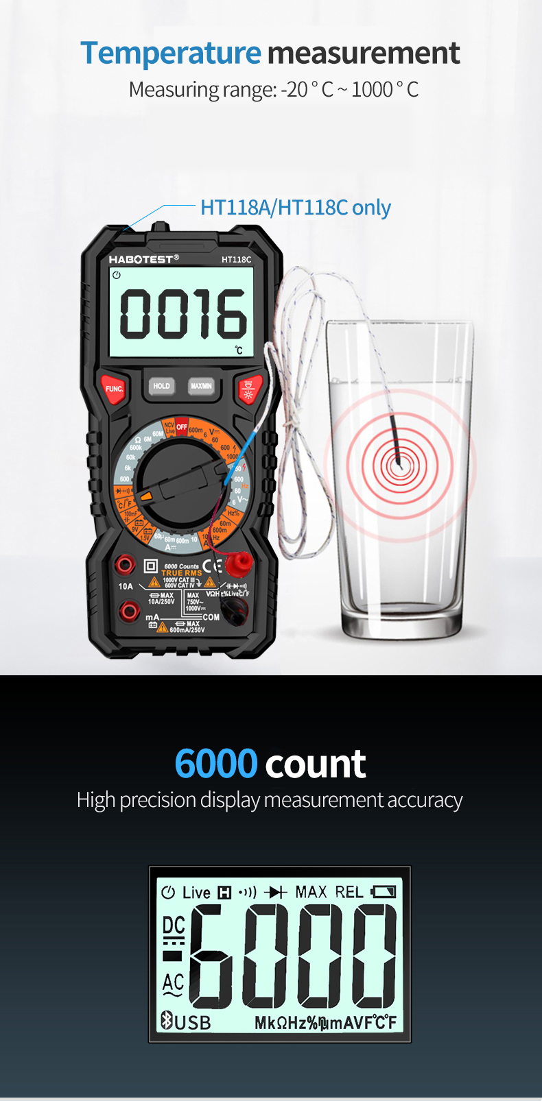 HT118A 6000 Counts 1000V 10A Auto Range Digital Multimeter