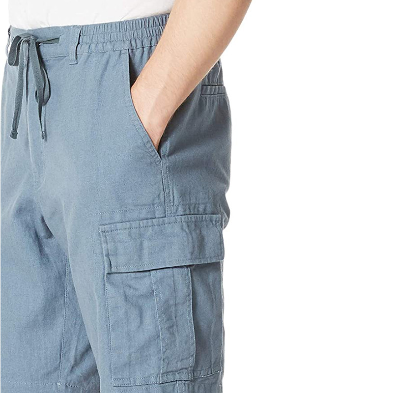 Men'S Cotton Linen Blend Cargo Shorts 9.5 Inch Inseam Shorts Drawstring Button Closure