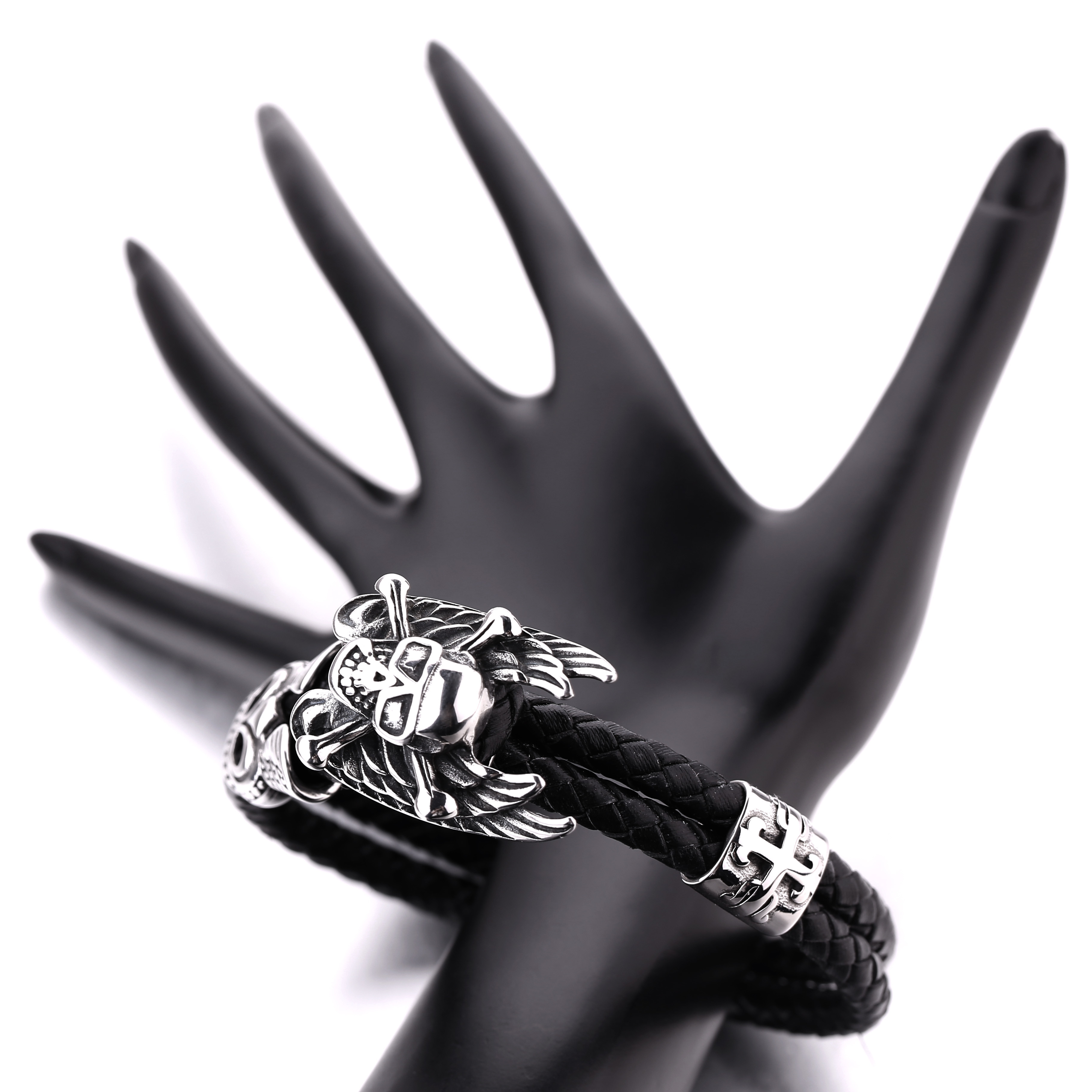 New arrival body jewelry stainless steel leather bracelet northskull bracelet men