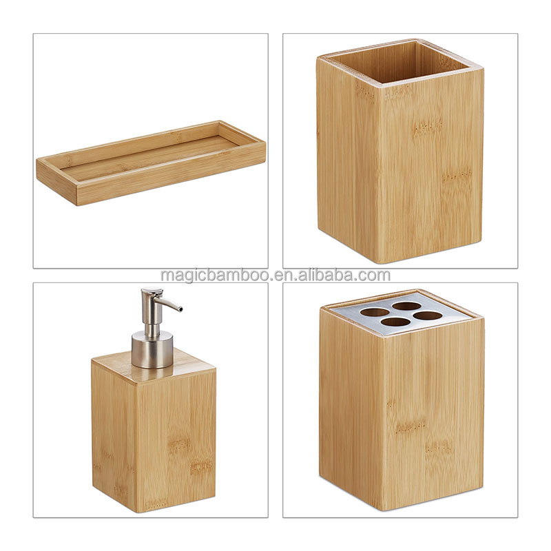 100% Natural Bamboo Sustainable Toothbrush Holder Cup Soap Dispenser Bath Set