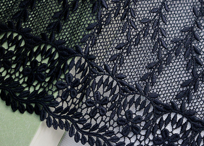 Navy Floral Embroidered Nylon Mesh Lace Trim With Guipure Ribbon Azo Free