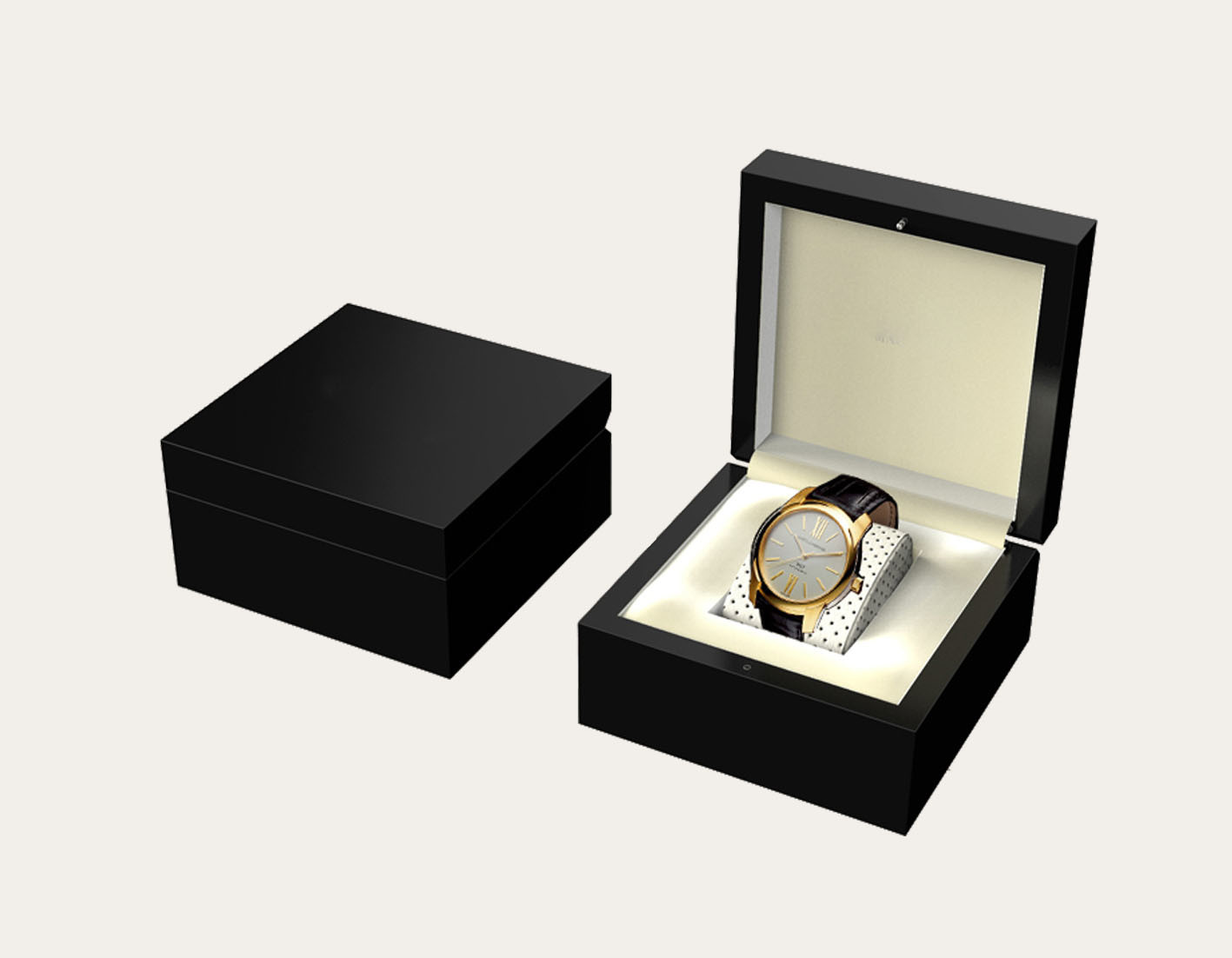 Lockable Watch Box with Glossy Black Wooden Box Inside PU Leather 150*150*50mm