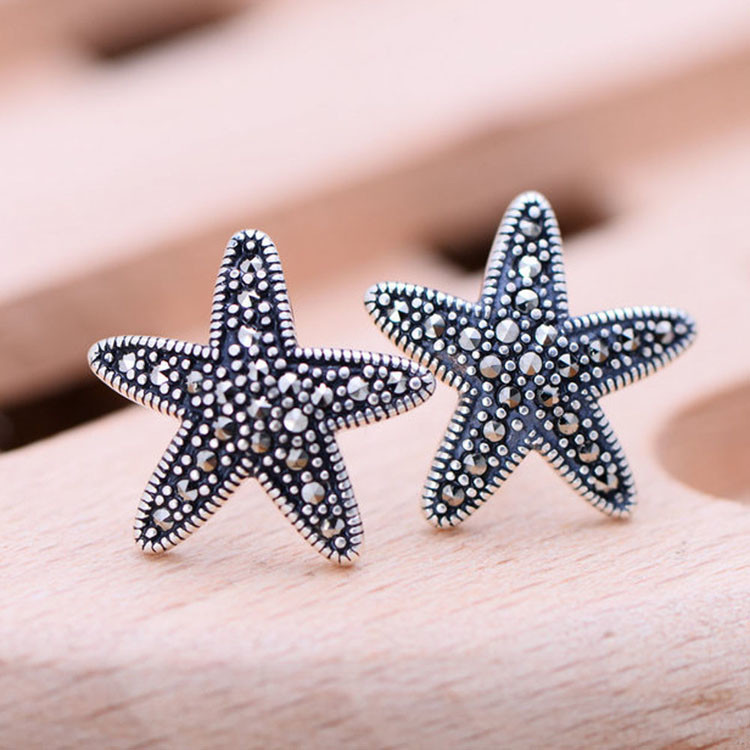 Starfish Design Thai 925 Silver Earrings Pave Marcastie Retro Women Jewelry（028249）