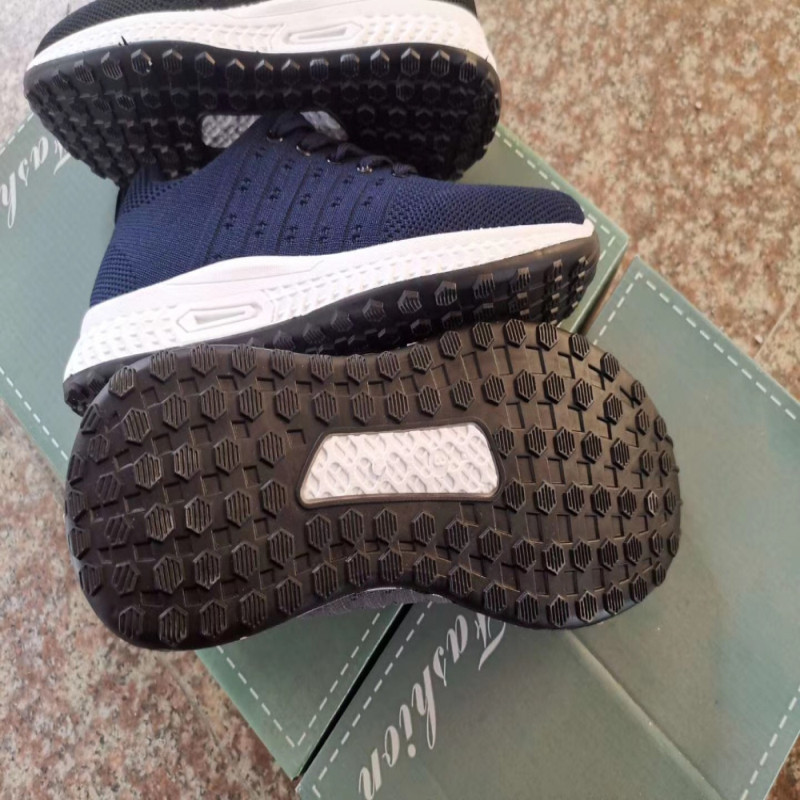 Ladies Flyknit Sport Shoes Tricolor Breathable Sneakers Antiskid Large size navy color