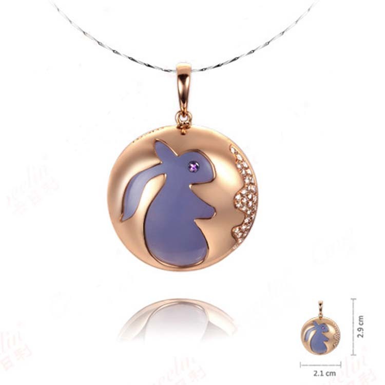 New 18K Rose Gold Natural Blue Chalcedony Rabbit Design Charm Pendant Necklace (GDN010)