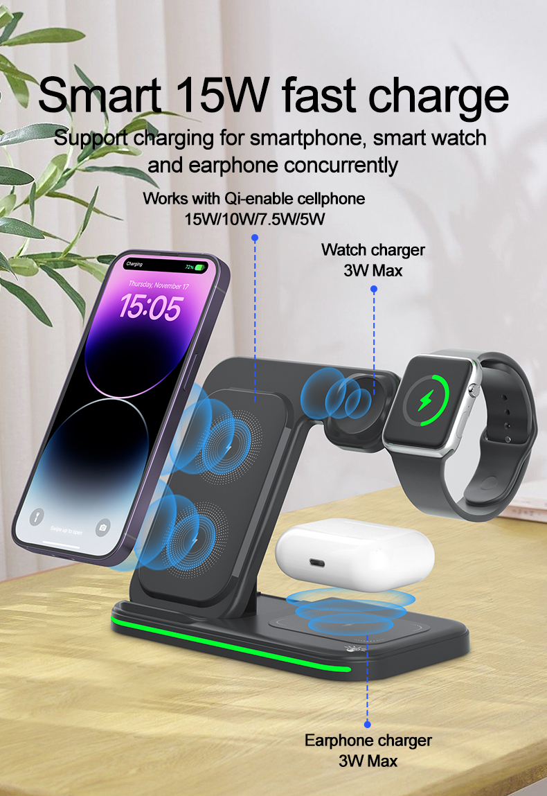 15W Fast Charging Multifunction 3 In 1 Foldable Wireless Charger Stand For Iphone 15 14 13 11 Pro Max
