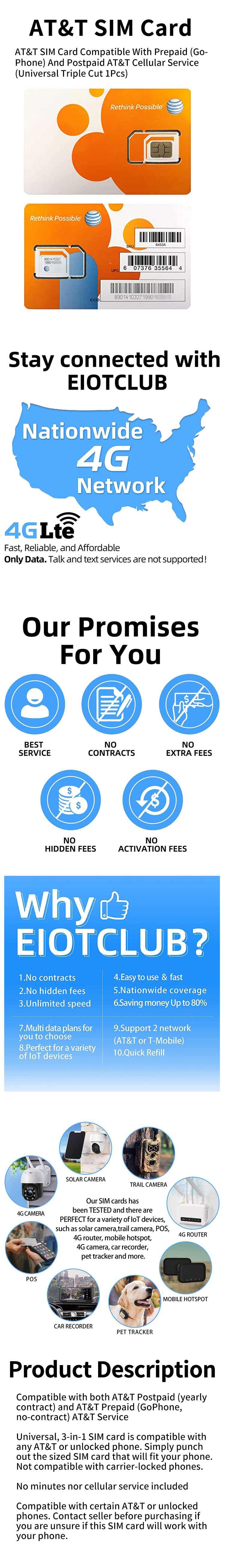 AT&T SIM Card Compatible With Prepaid GoPhone Postpaid AT&T Cellular Service Universal Triple Cut 3 In 1