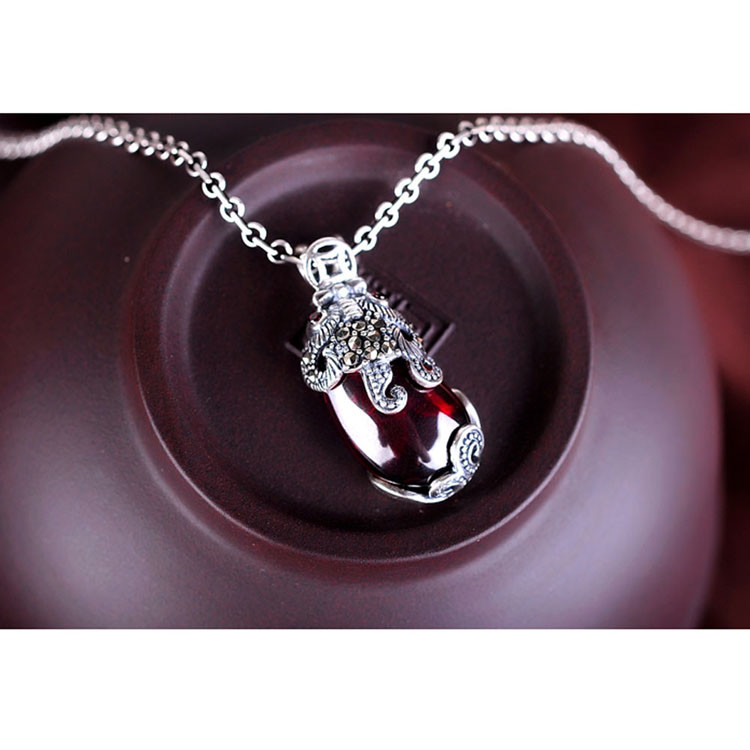 Thai Sterling Silver Marcasite Red Cubic Zirconia Pendant Necklace(N12284)