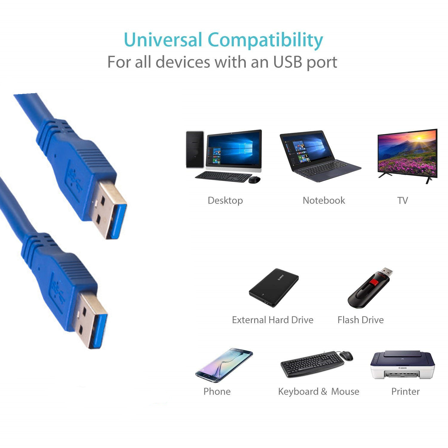 Male To Male Super Speed 5Gbps 3A Long Usb 3.0 Extension Cable For PC