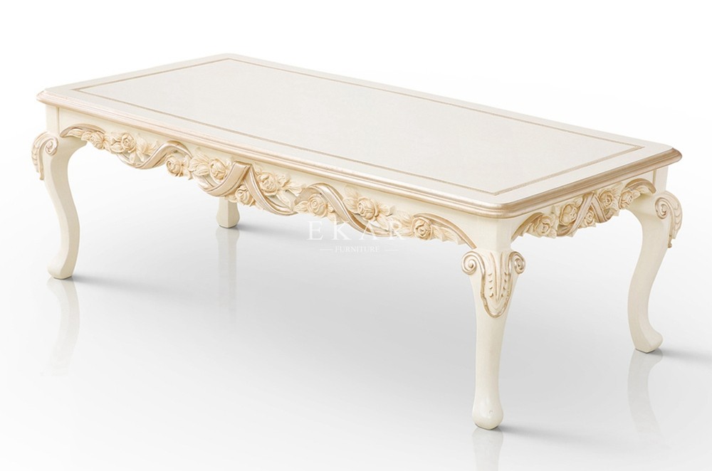 Marble Top Solid Wood Coffee Table Design Hand Carved Rose Table