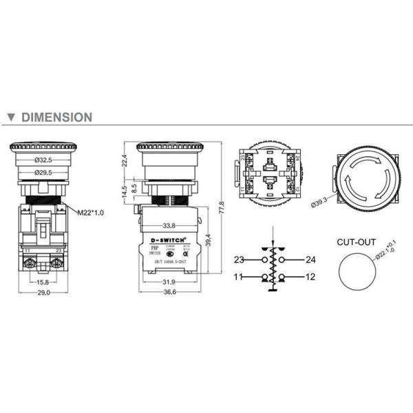 IP65 22.2mm Illuminated Push Button CE Latching Emergency Stop Switch