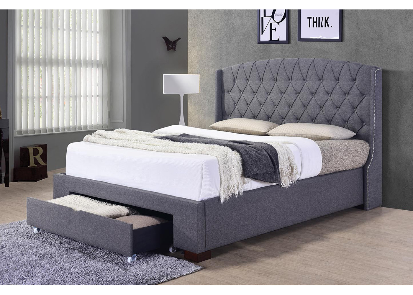 Queen Linen Upholstered Platform Bed With Drawer 10 Years Warranty