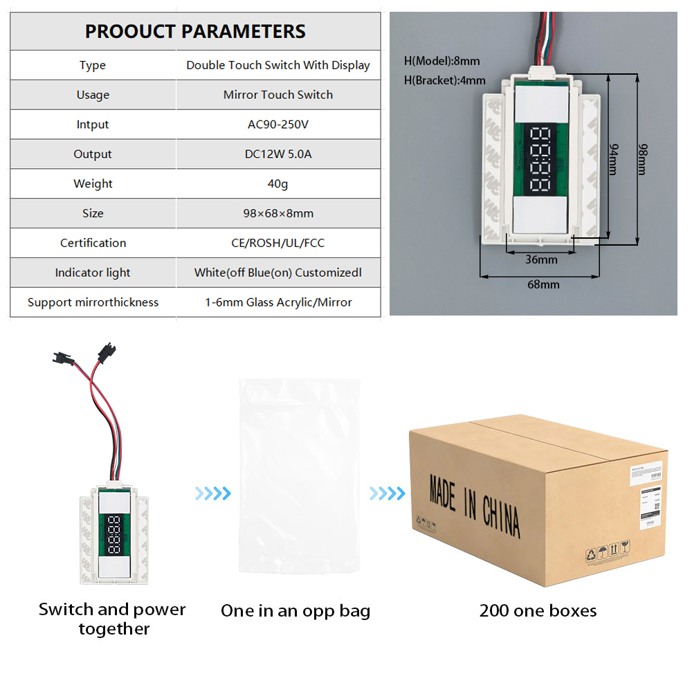 DC12V 12W Muti-function Split Two Buttons Middle Display Time Touch Sensor Switch for Mirrors