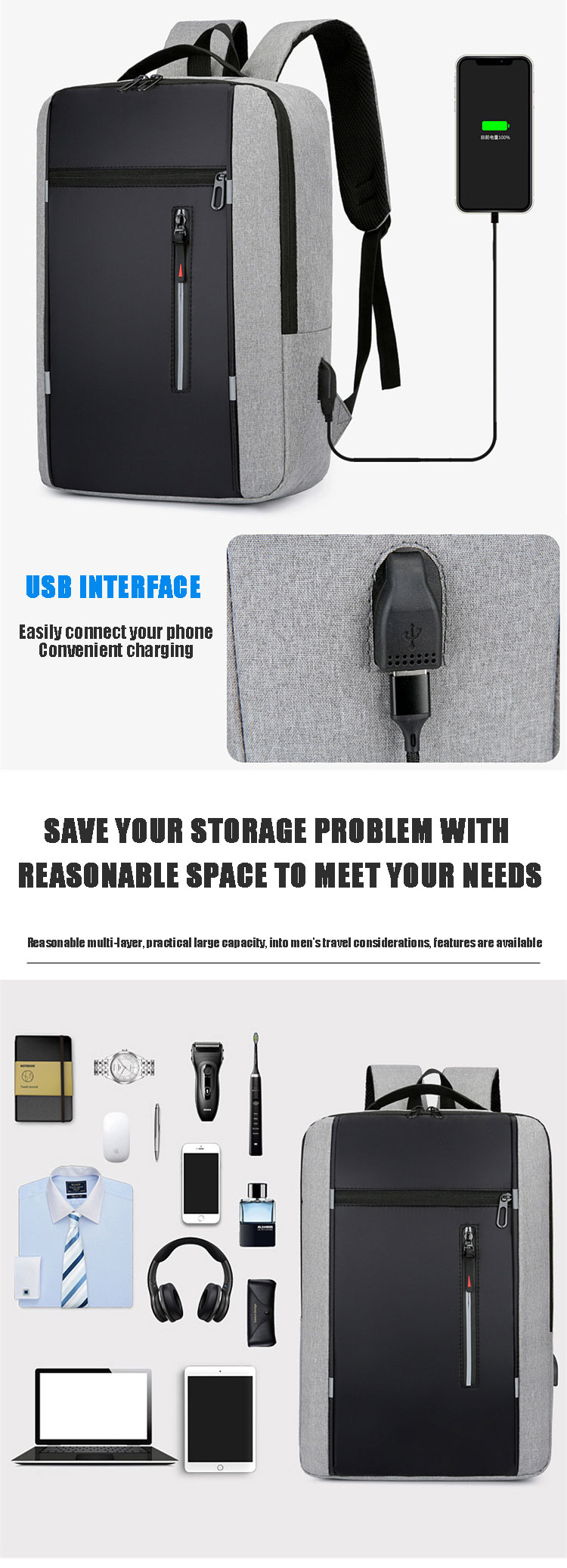 Sympathybag Wholesale Multi-Functional Men Casual Computer Waterproof School Rucksack Bag Laptop Backpack with USB