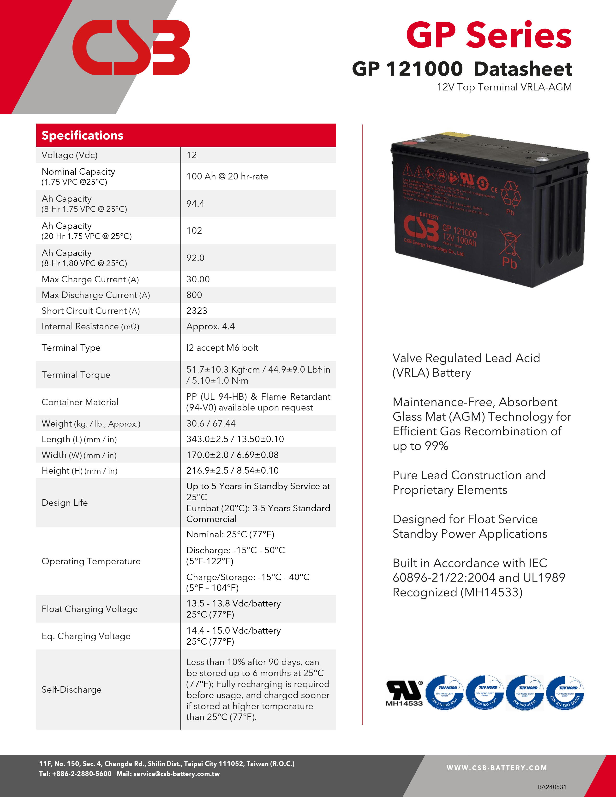 CSB Battery GP121000 12V 100Ah High Performance Rechargeable Maintenance-Free Lead Acid Battery 12V 100Ah