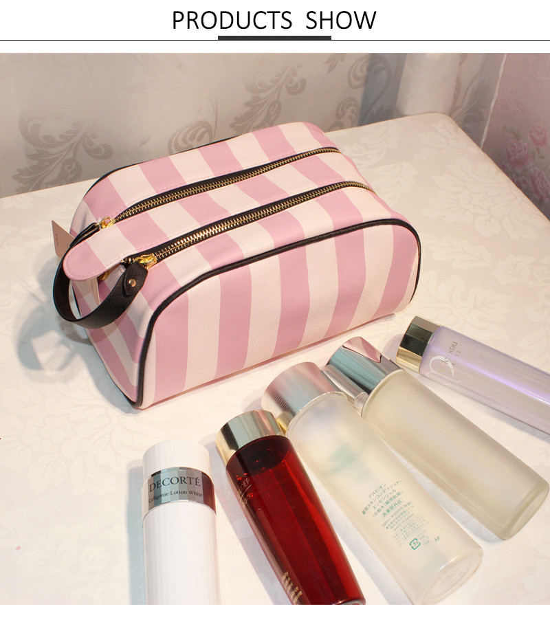 Organic Pink Stripe Pattern Waterproof PU Makeup Bag