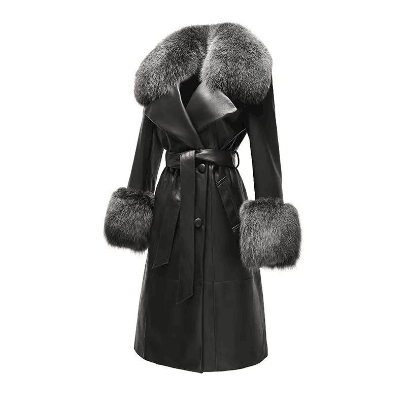 Winter Fox Fur Collar Cuffs Women Long Leather Jacket Black Genuine Sheepskin Trench Leather Fur Coats for Ladies