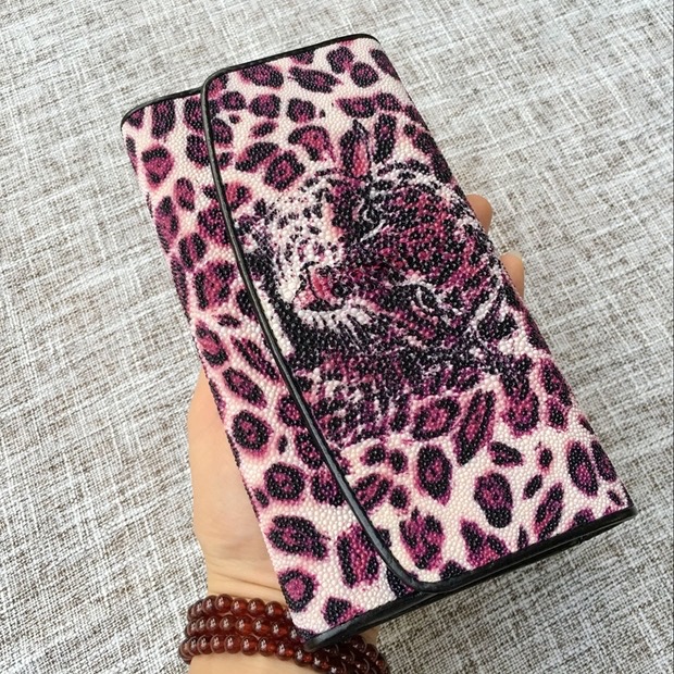 Authentic Stingray Skin Leopard Tiger Designer Long Wallet Genuine Leather Women Large Clutch Purse Lady Card Holder