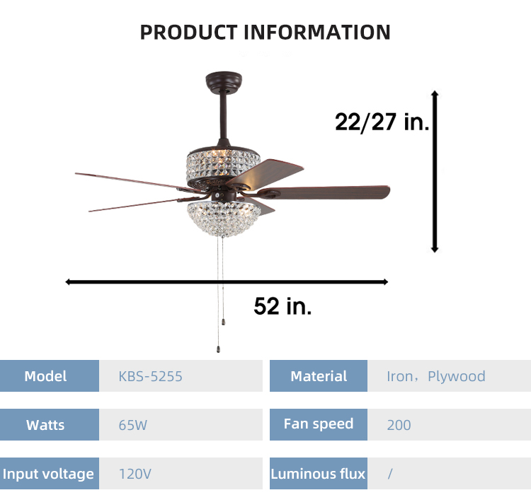 Bedroom AC110V 4100K Flush Mount Crystal Chandelier Ceiling Fan Remote Control