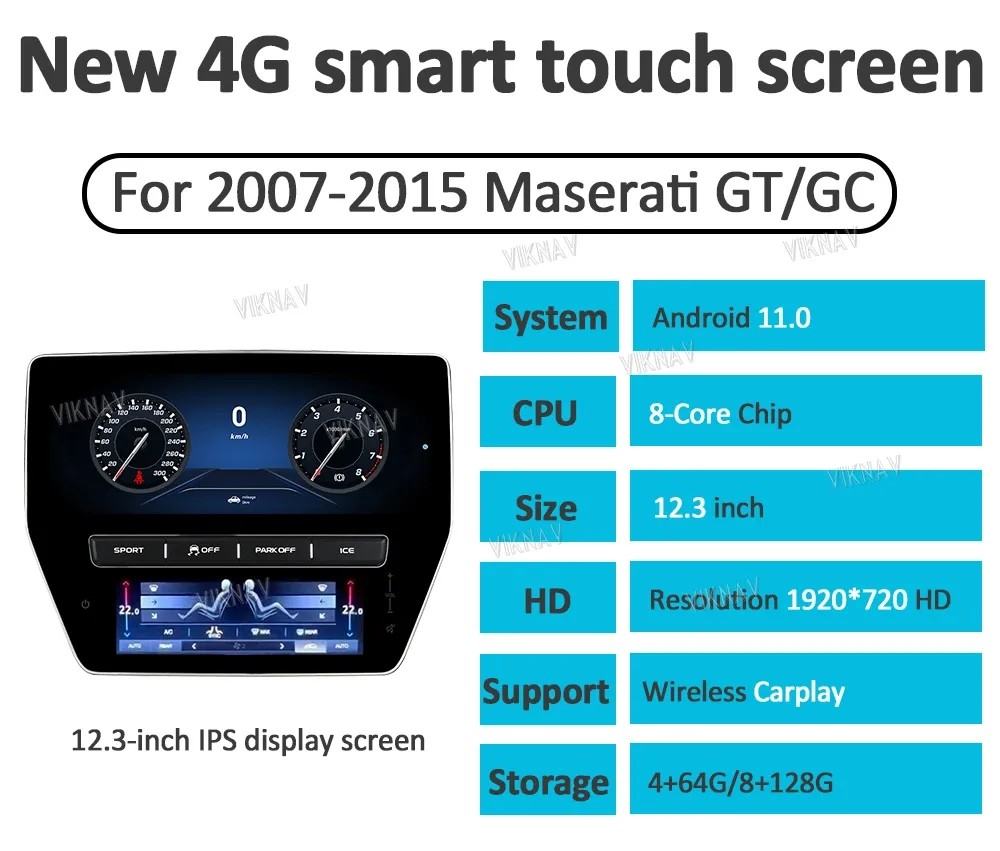 For 2007-2015 Maserati GT GC 12.3 Inch Touch Screen Head Unit 128G Navigation GPS Multimedia Player Wireless Carplay 4G