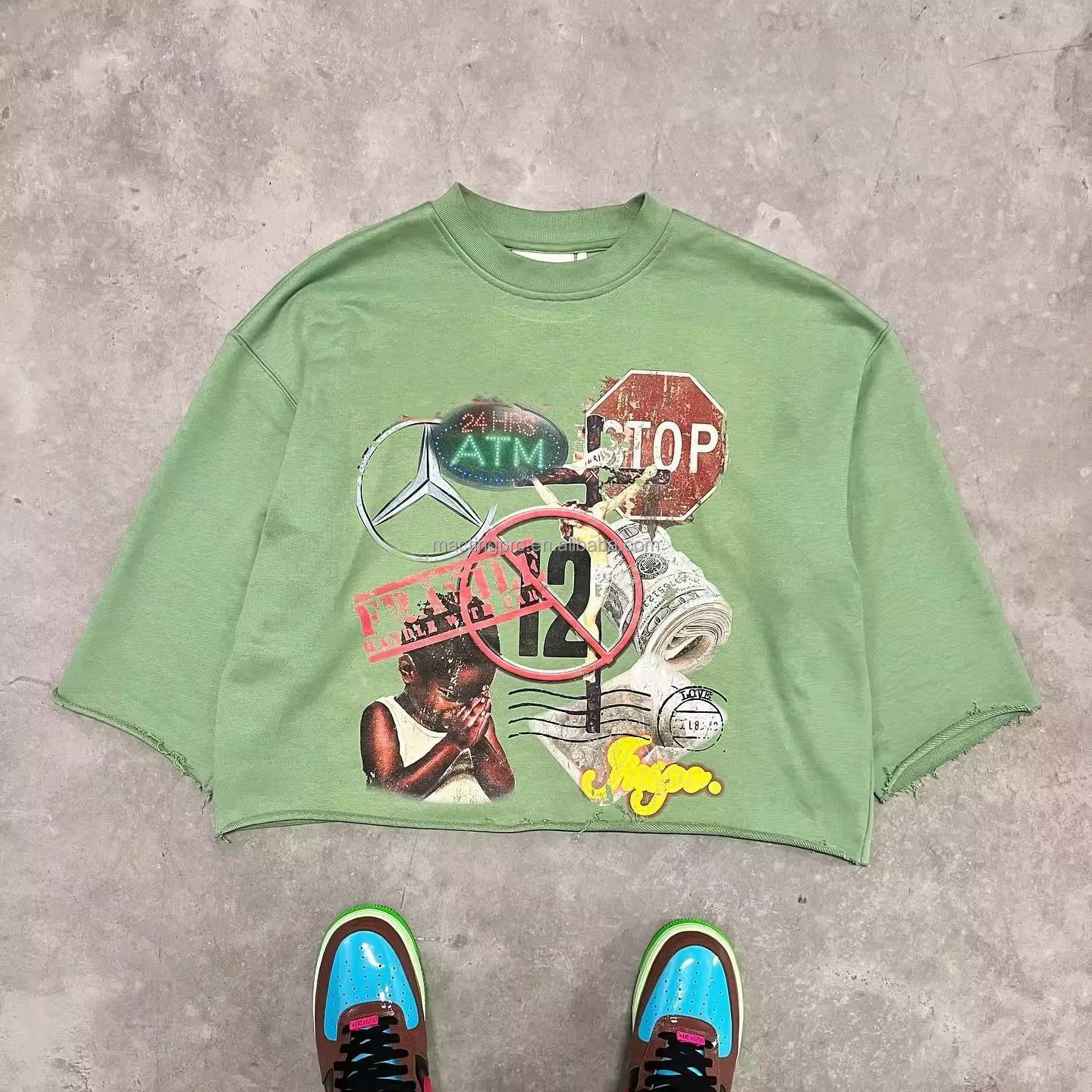 Printed Cropped Mens T Shirt Colorful 100% Cotton Heavyweight Printed Graphic 3/4 Sleeve