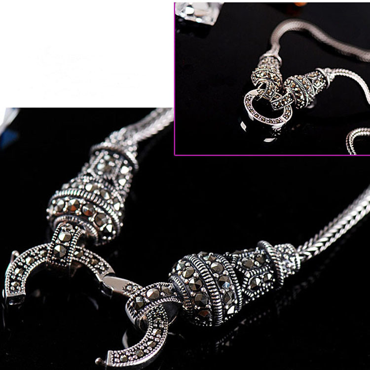 925 Sterling Silver Wheat Chain Necklace Thai Vintage Marcasite Necklace (N111701)