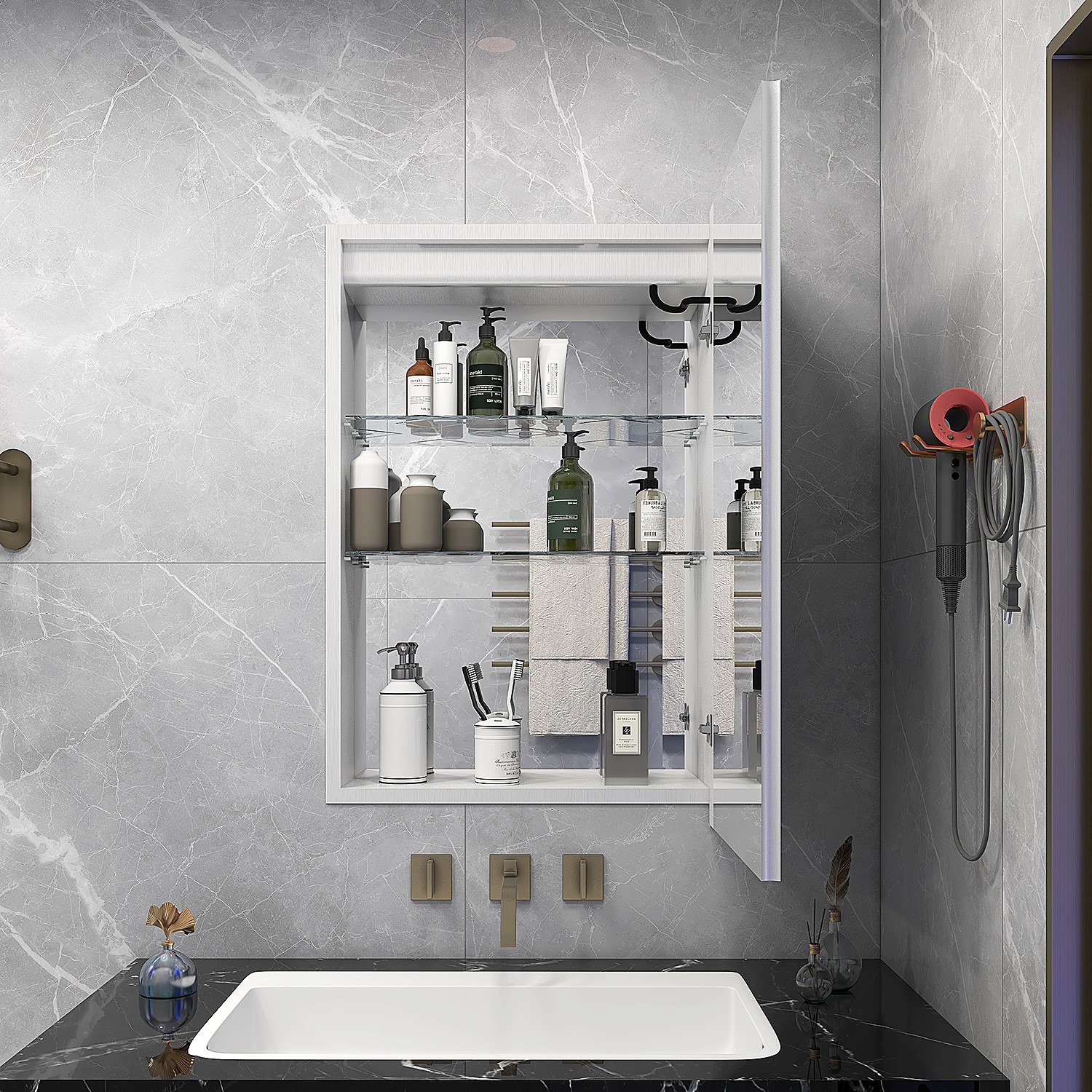 Rectangle LED Light Bathroom Wall Mirror Cabinet With Barbershop Design