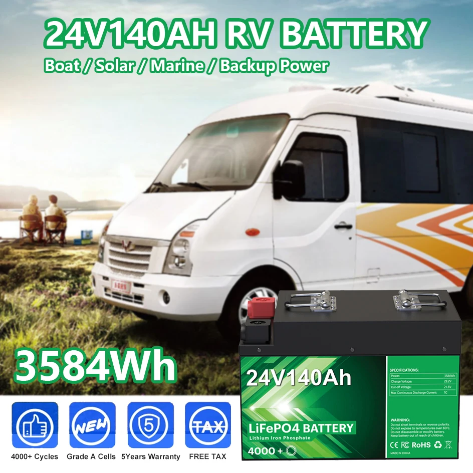 24V 140Ah 100Ah LiFePO4 Battery Pack 25.6V 4000 Cycle Built-In BMS Grade A Cells Rechargeable Lithium Battery