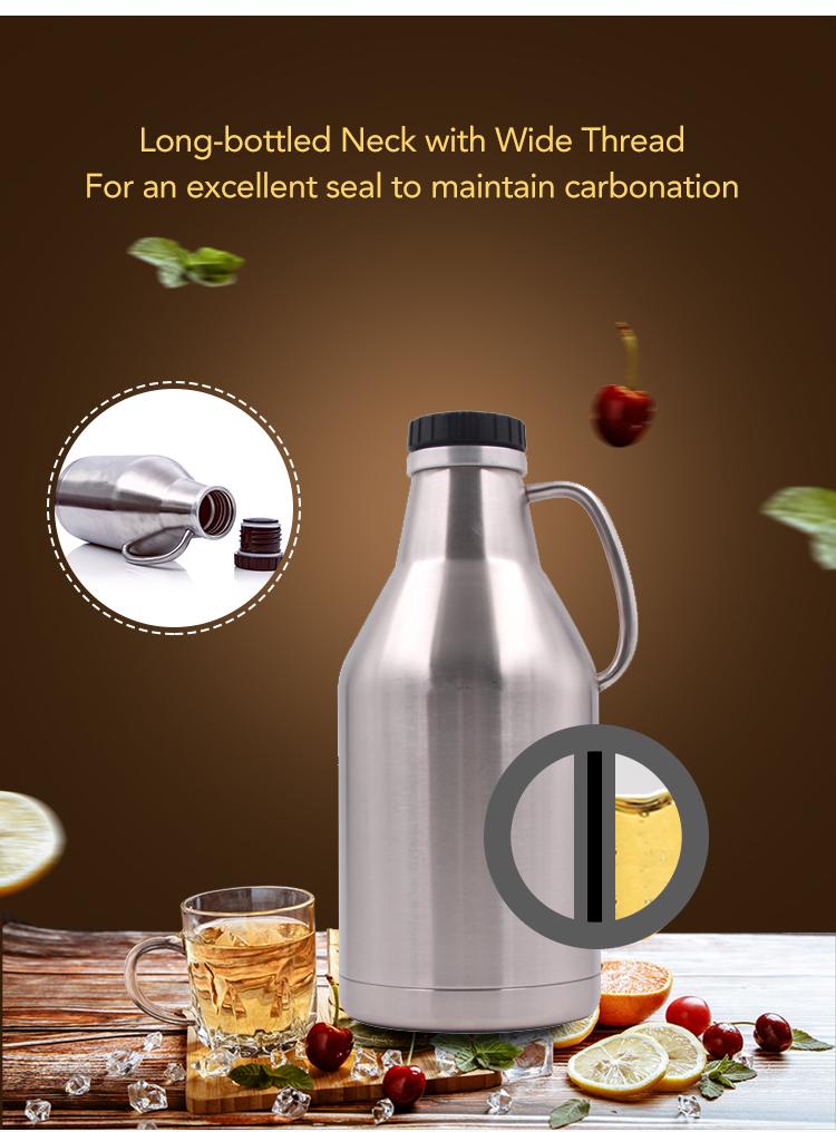 Stainless Steel Vacuum Insulated Growlers , Black 2L Screw Top Growler Double Wall
