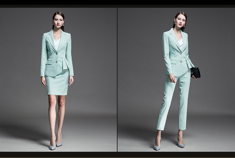 2021 Fashion Women's Slim Formal Office Skirt Suit with V-neck Collar and Full Sleeves