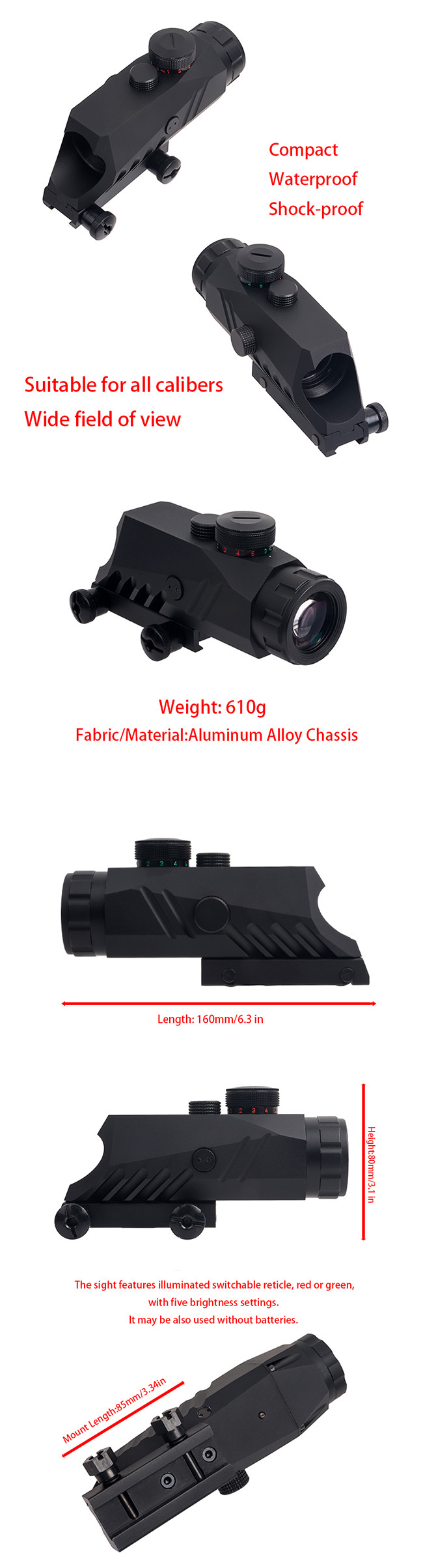 160mm Length 3x30 Sight Illuminated Tactical Hunting Scope Red / Green / Black Reticle