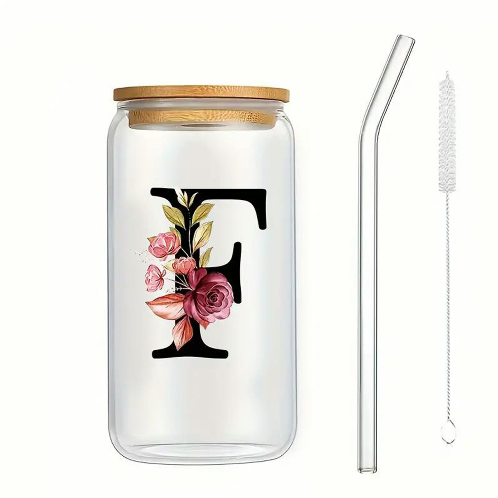 Exquisite Customized Logo 16oz Sublimation Glass Water Bottle Clear Floral Letters Coke Can Glass Cups With Bamboo Lid And Straw 8*15cm