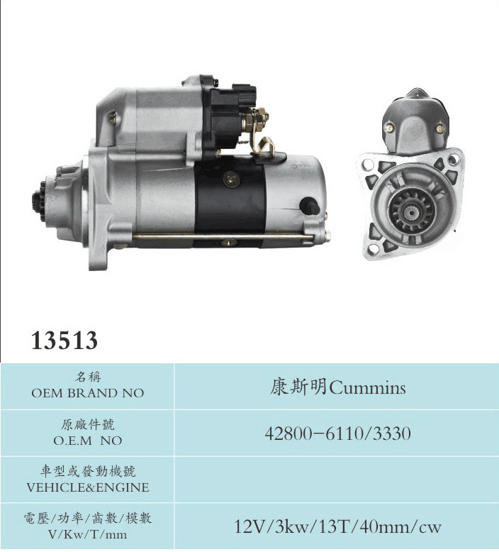Nippondenso Cummins Starter Motor Cummins 42800-6110/3330 for Backhoe Loader