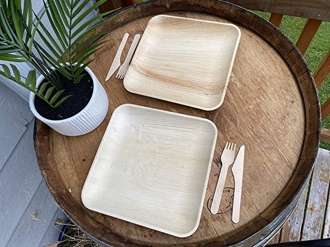 10" Disposable Square Areca Palm Leaf Plates With Fork Knife