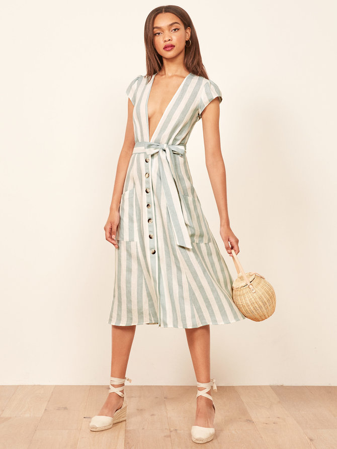 Boho Ladies Sex Linen Stripe Midi Dresses With Pocket Dress for Women