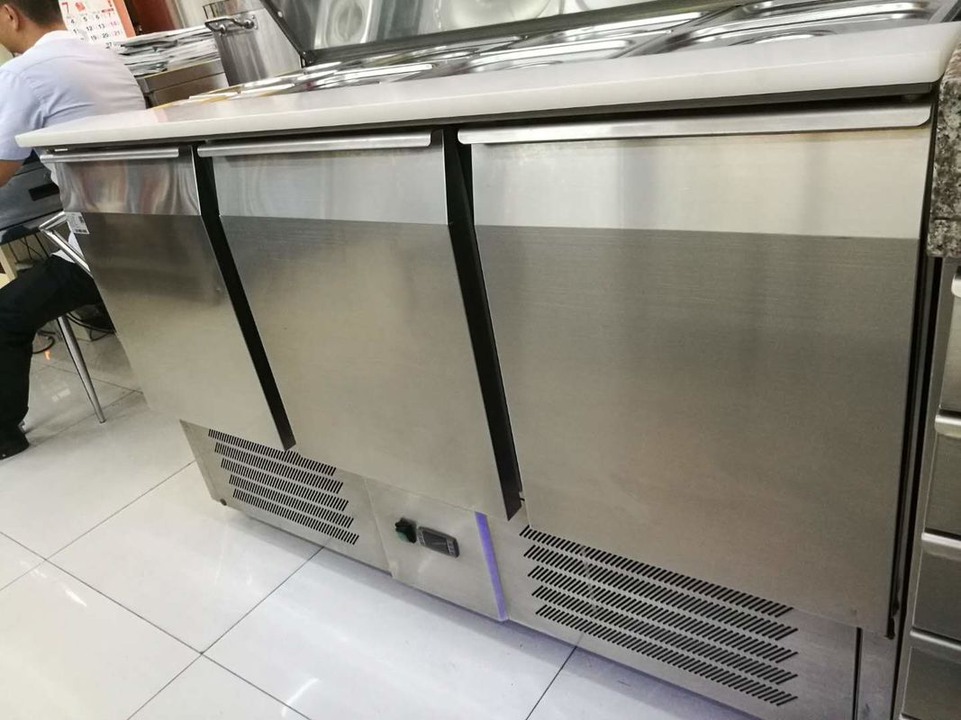Slim Saladette Commercial 3 Door Pizza Preparation Counter with LED Light