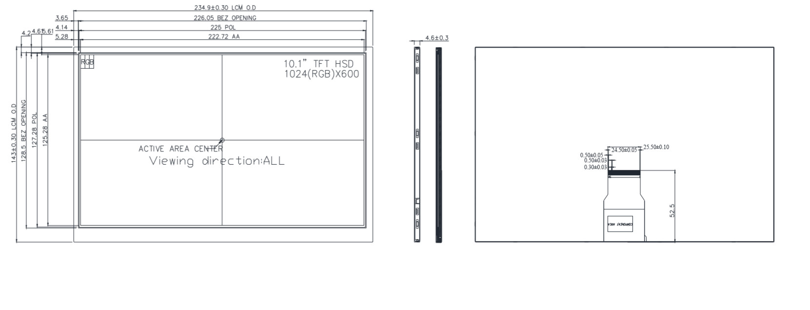 1024X600 10.1'' 50Pins High Brightness TFT Display