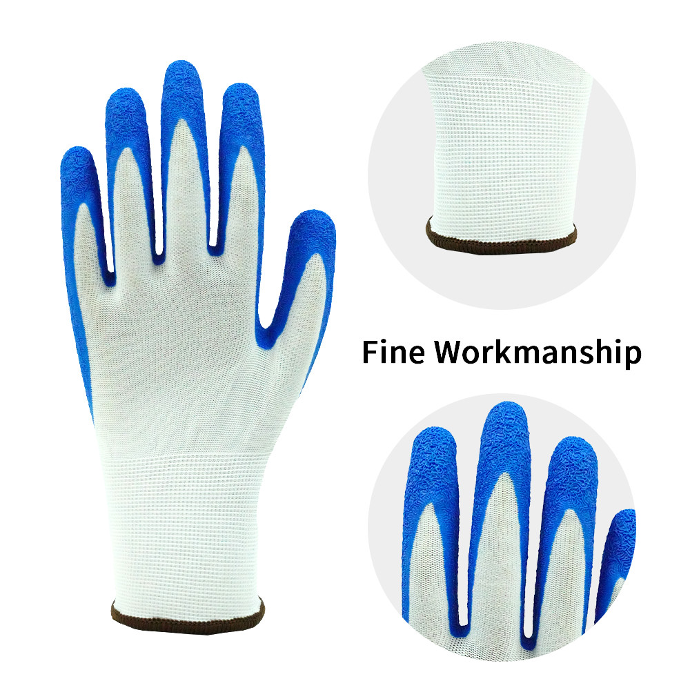 Blue Crinkled Latex Nylon Work Gloves Breathable Abrasion Resistant