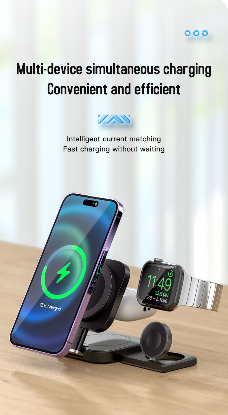 Foldable 3 In 1 Wireless Charger Stand with 15W Fast Charging and Magnetic Design