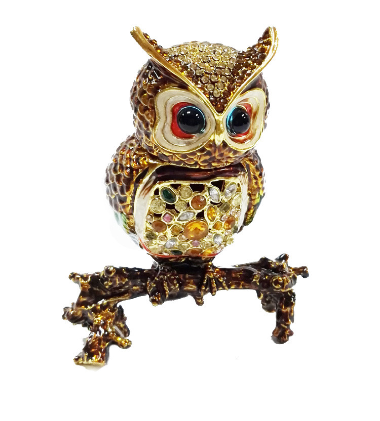 Beautiful owl handpaint metal jewelry box rhinestone owl birds enamel trinket boxes