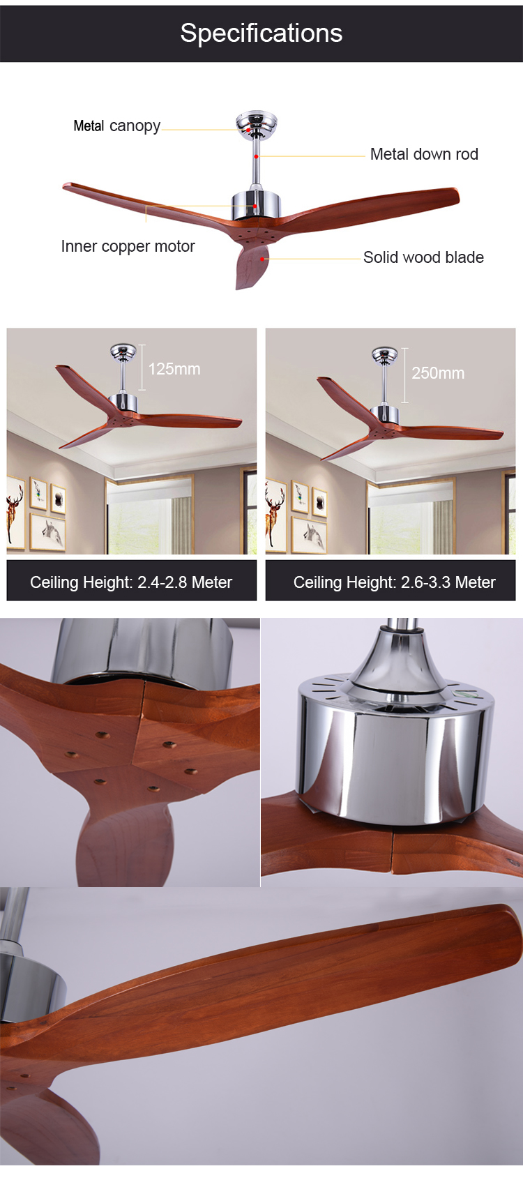 52Inch 75 Watt 3 Blade Wood Ceiling Fan With Light Energy Saving Zhongshan Lighting