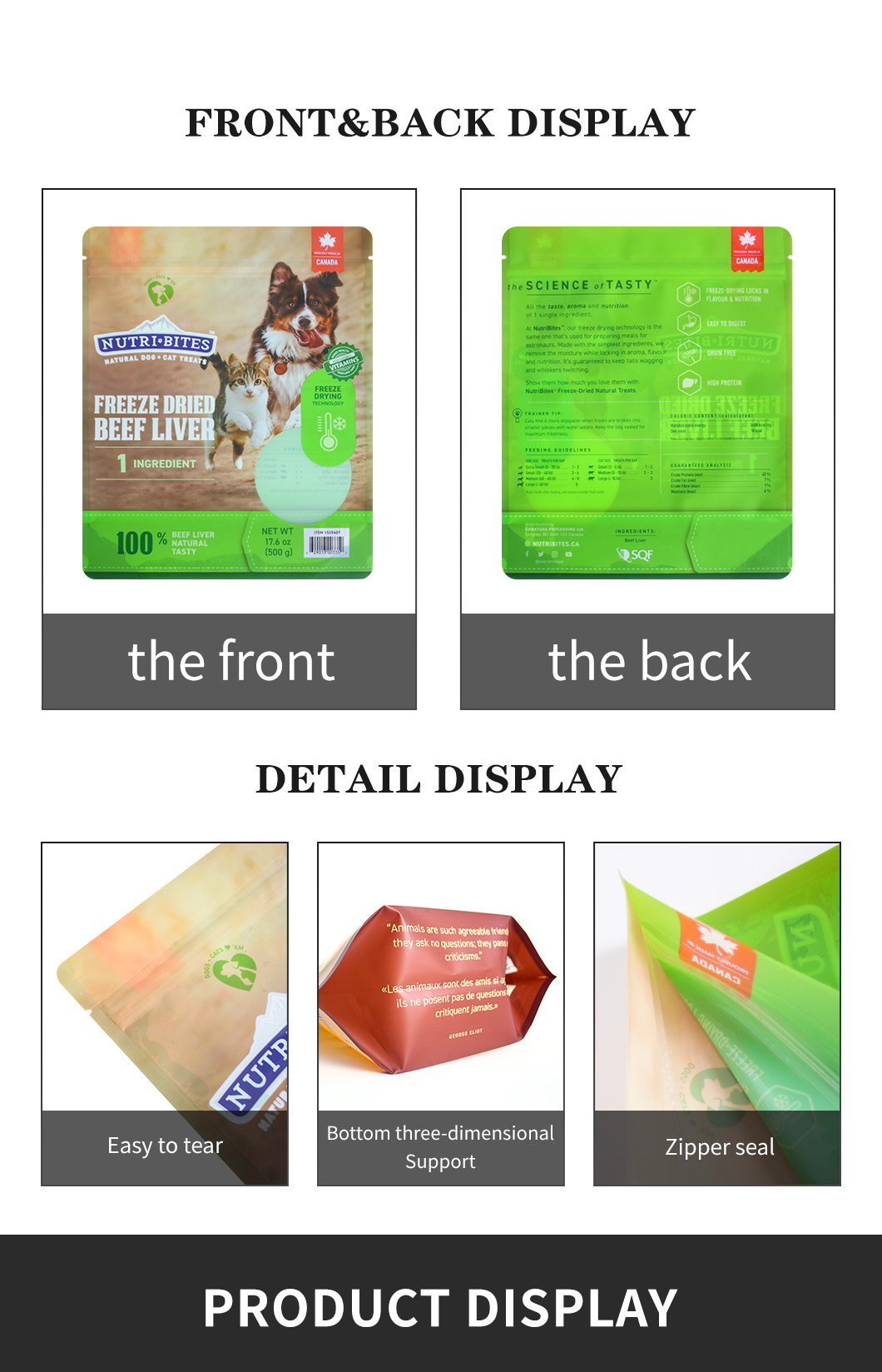 Ziplockk Aluminum Foil Resealable Bottom Pet Dog Food Packaging Bag 1kg 2kg 5kg 15kg