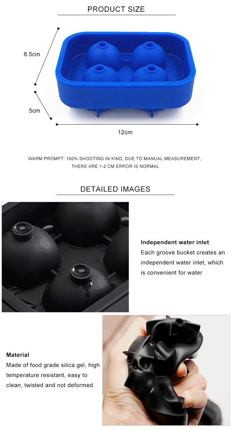 Eco Friendly 4 Grid 3D Skull Silicone Ice Cube Trays